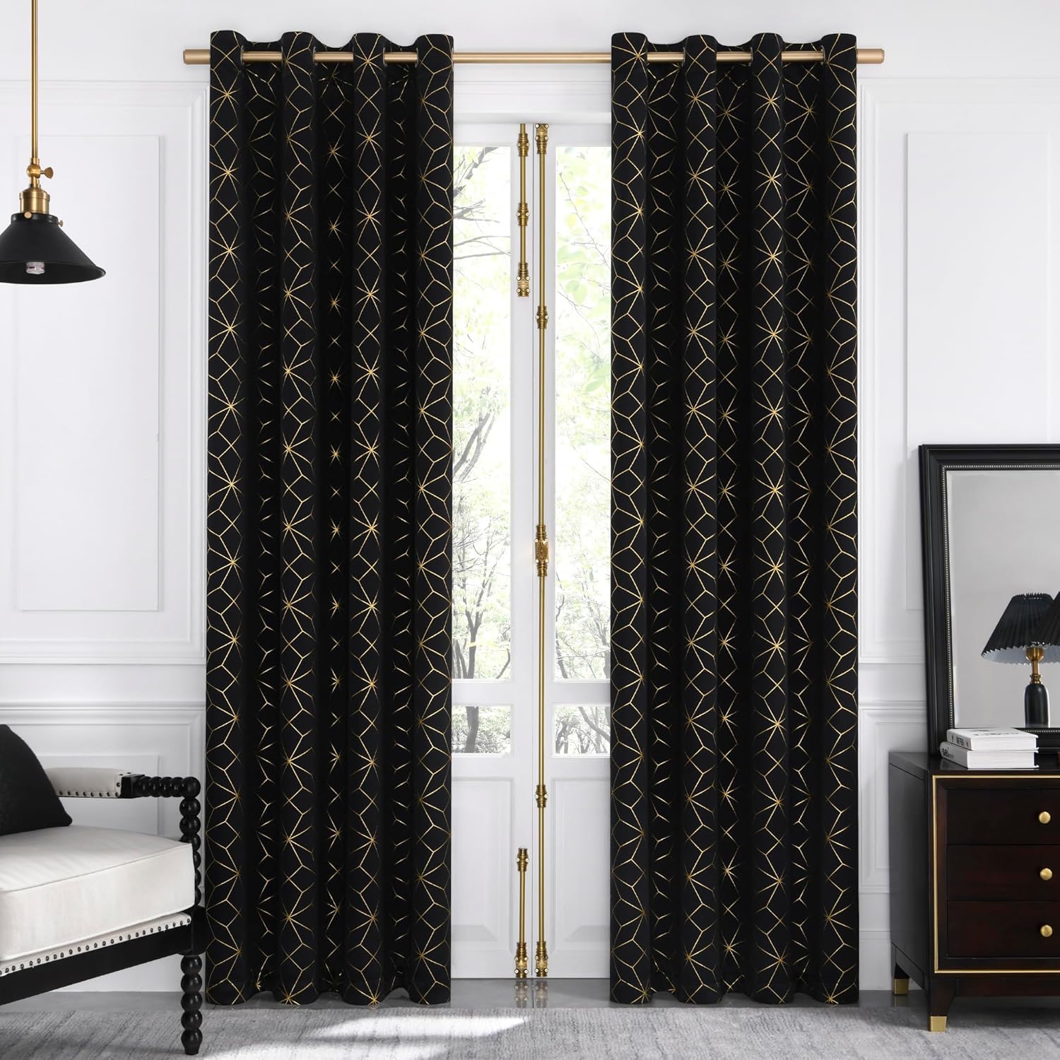 Beauoop 100% Blackout Curtains 84 Inches Long for Bedroom Living Room Moroccan Gold Patterned Drapes Thermal Insulated Grommet Top Window Treatment Panels Set of 2, Black/Gold