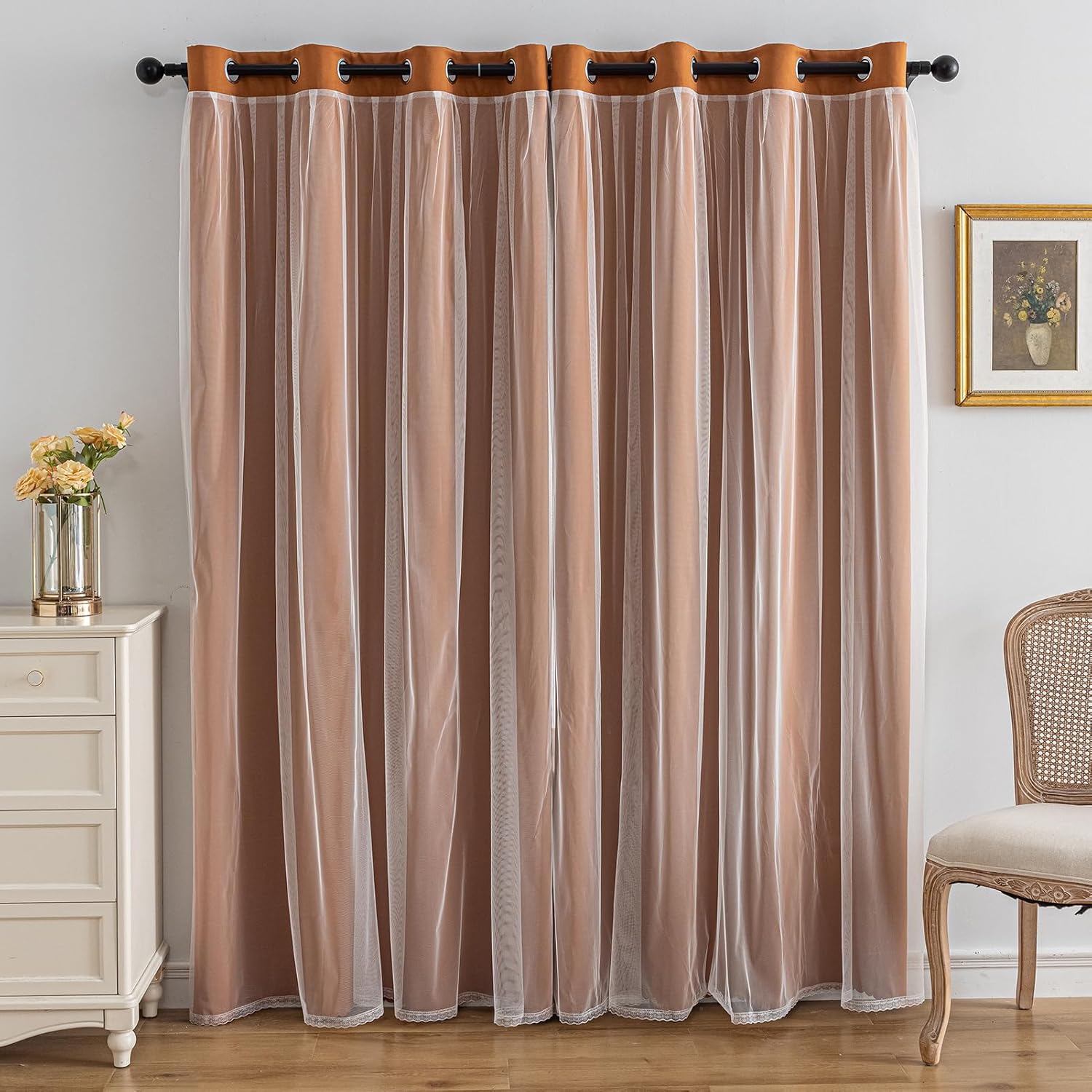 Anytime Home Curtains Blackout and Sheer Layered Solid Window Curtain Panel Pair with Grommet Top, 52Wx84L,Orange