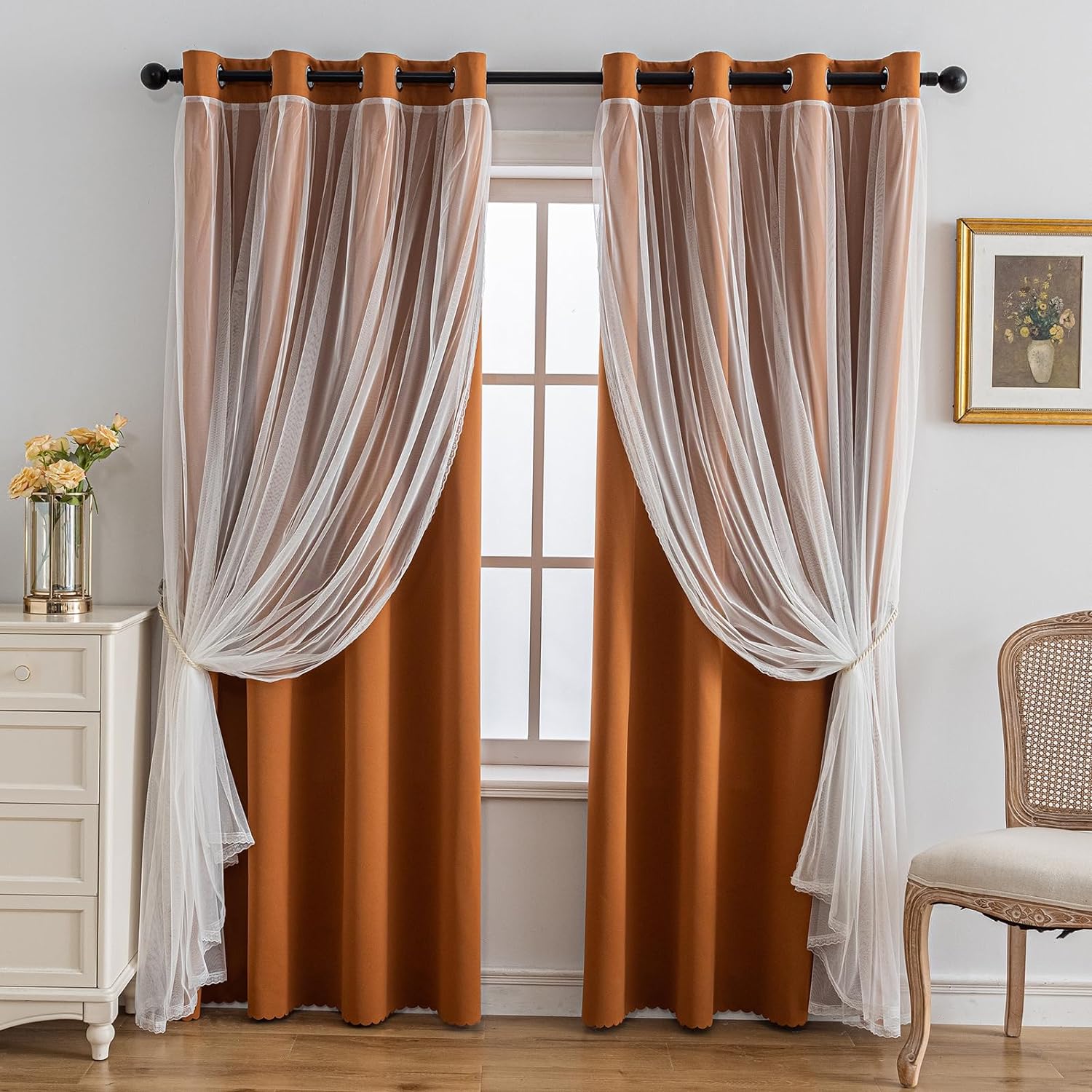 Anytime Home Curtains Blackout and Sheer Layered Solid Window Curtain Panel Pair with Grommet Top, 52Wx84L,Orange