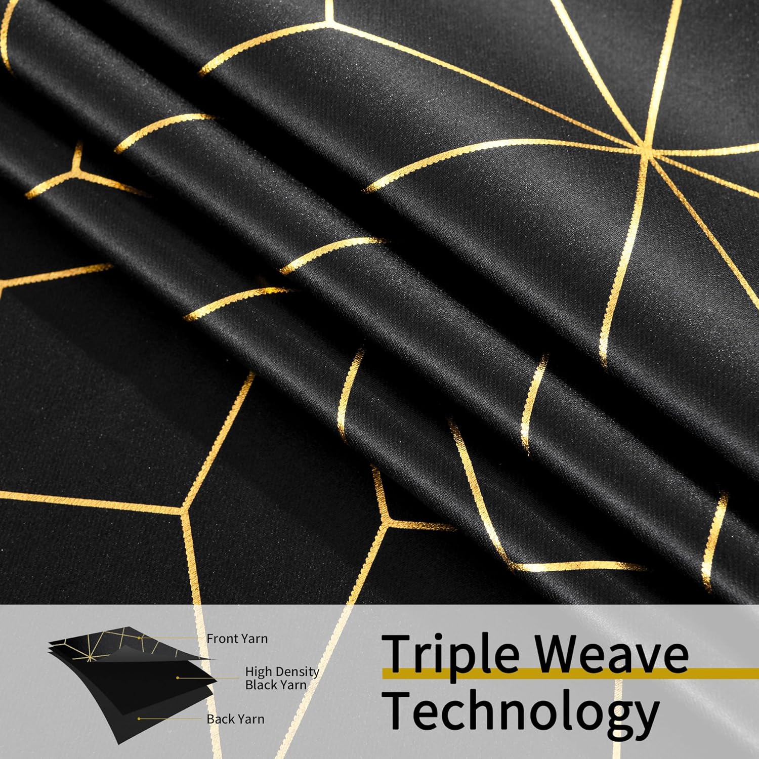 Beauoop 100% Blackout Curtains 84 Inches Long for Bedroom Living Room Moroccan Gold Patterned Drapes Thermal Insulated Grommet Top Window Treatment Panels Set of 2, Black/Gold