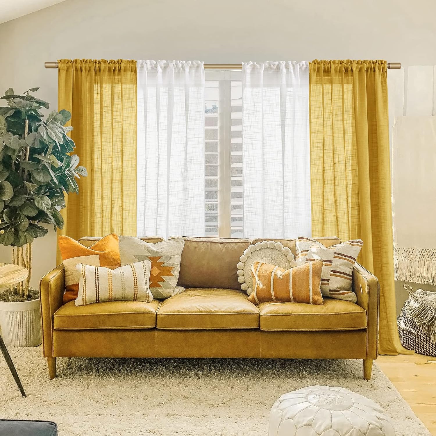 SHINELAND 96 Inch Long Retro Curtains Drapes for Living Room 2 Panel Set,Mid Century Modern Funky Light Filtering Semi Sheer Window Panel Curtain,Gold Mustard Yellow