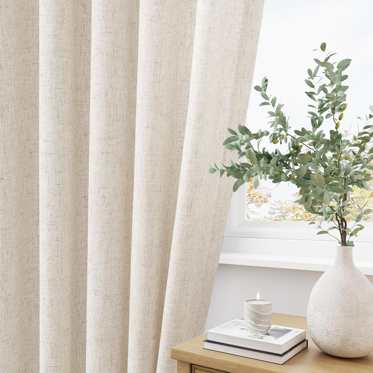 Pinch Pleated 90 Inch Curtains 2 Panels for Living Room Cream Beige Linen Curtains 90 Inches Long Pinch Pleat Drapes for Track System Light Filtering Semi Sheer Curtains for Dining Bedroom Office