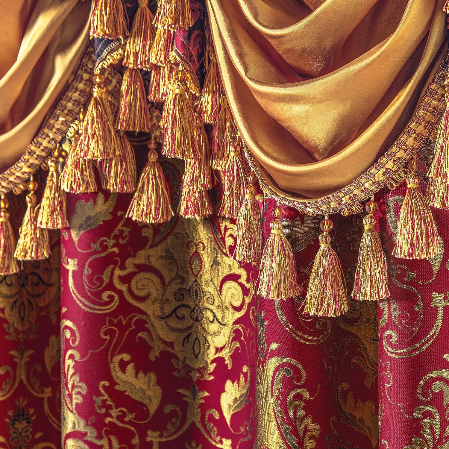 Loom and Mill Luxury Red Damask Window Curtains with Attached Waterfall Valances and Tiebacks, Classic Jacquard Blackout Curtains 2 Panels for Bedroom Living Room, Rod Pocket(52”Wx 84”L, 2 Panels)