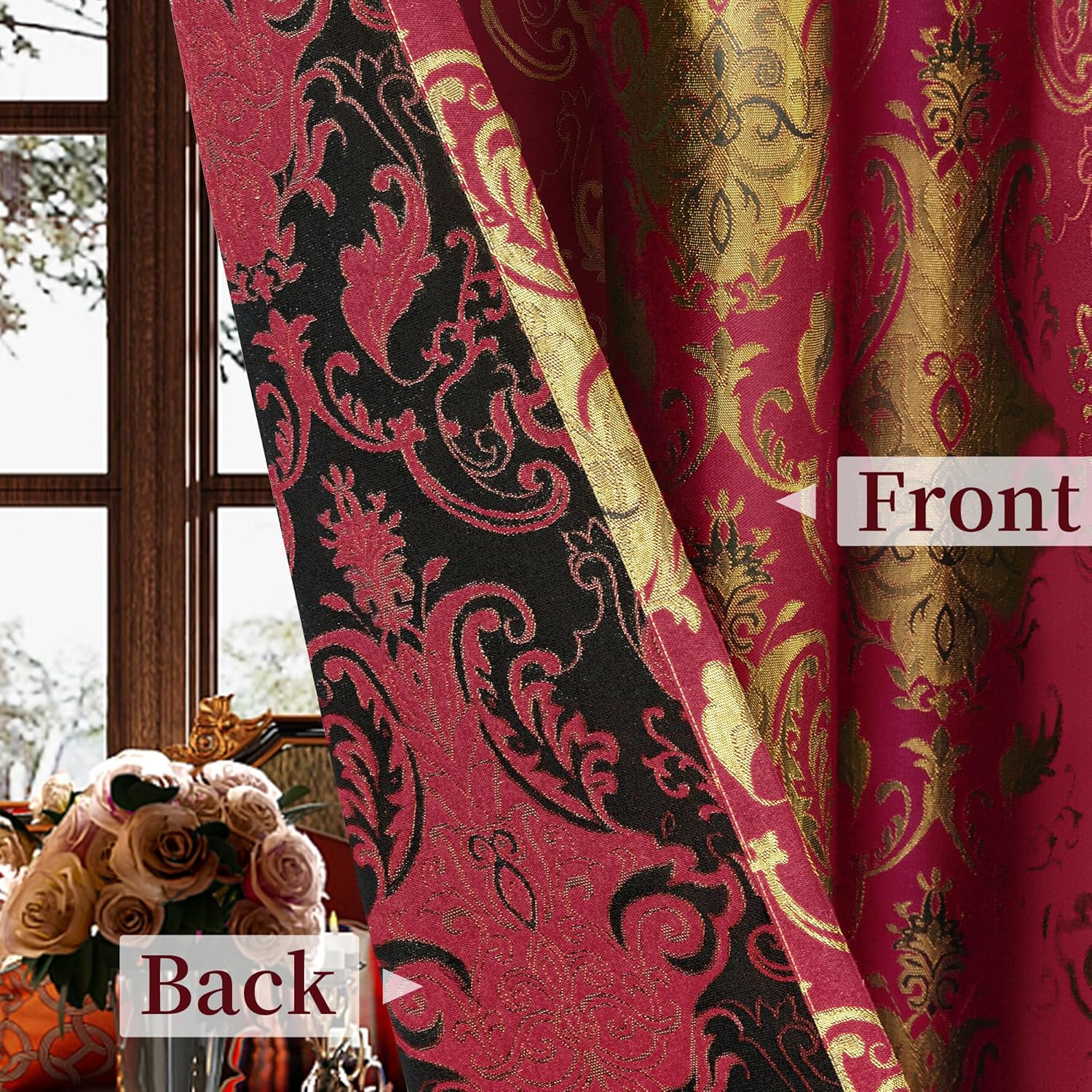 Loom and Mill Luxury Red Damask Window Curtains with Attached Waterfall Valances and Tiebacks, Classic Jacquard Blackout Curtains 2 Panels for Bedroom Living Room, Rod Pocket(52”Wx 84”L, 2 Panels)