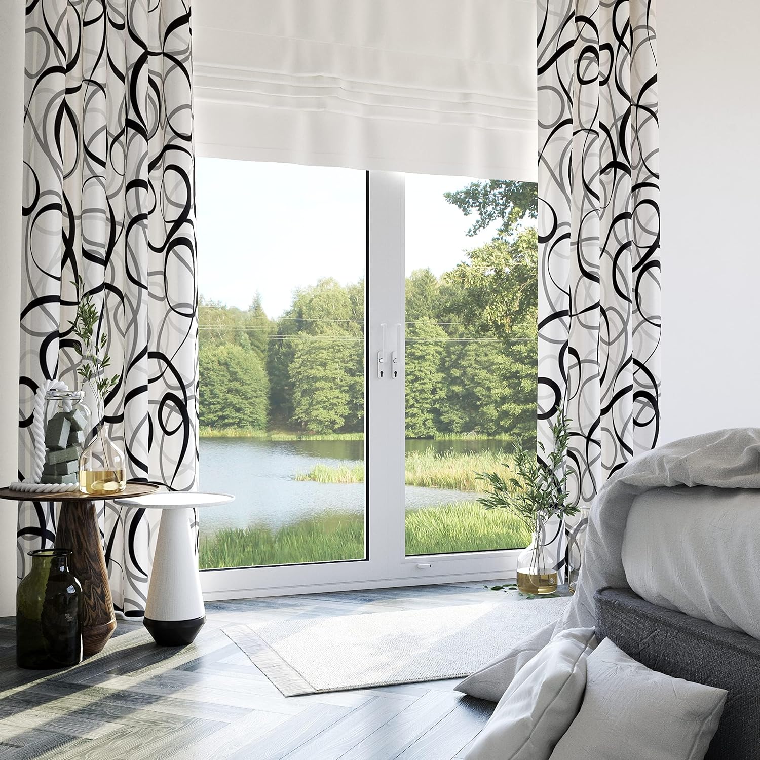 Black Grey White Geometric Curtains 2 Panels Sets Abstract Line Modern Art Pattern Window Treatments Room Darkening Heat Blocking Elegant Curtain Decor for Living Room Bedroom 52x84 Inches