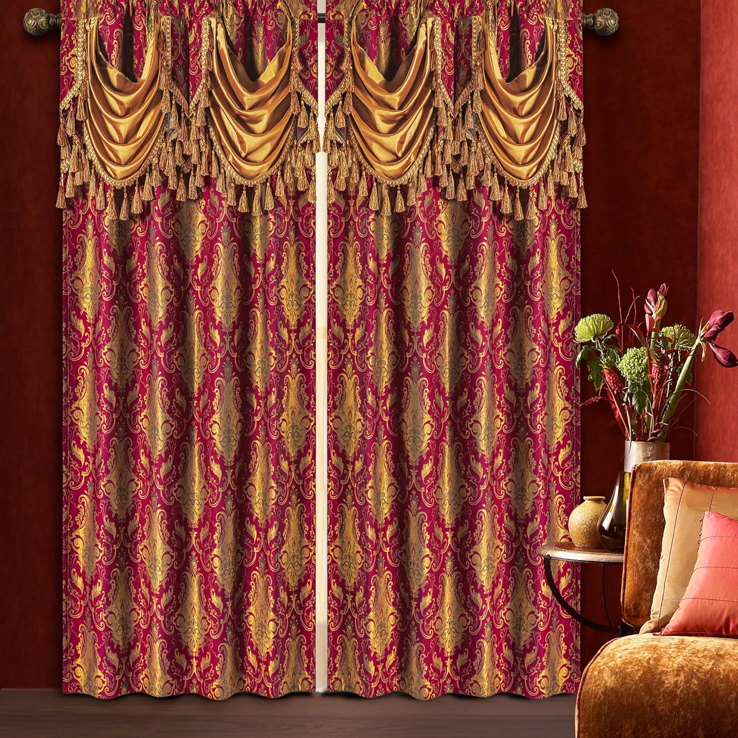 Loom and Mill Luxury Red Damask Window Curtains with Attached Waterfall Valances and Tiebacks, Classic Jacquard Blackout Curtains 2 Panels for Bedroom Living Room, Rod Pocket(52”Wx 84”L, 2 Panels)