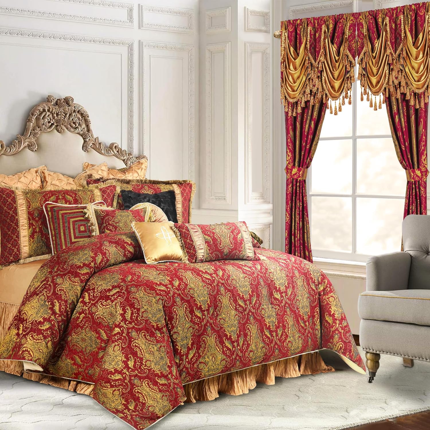 Loom and Mill Luxury Red Damask Window Curtains with Attached Waterfall Valances and Tiebacks, Classic Jacquard Blackout Curtains 2 Panels for Bedroom Living Room, Rod Pocket(52”Wx 84”L, 2 Panels)