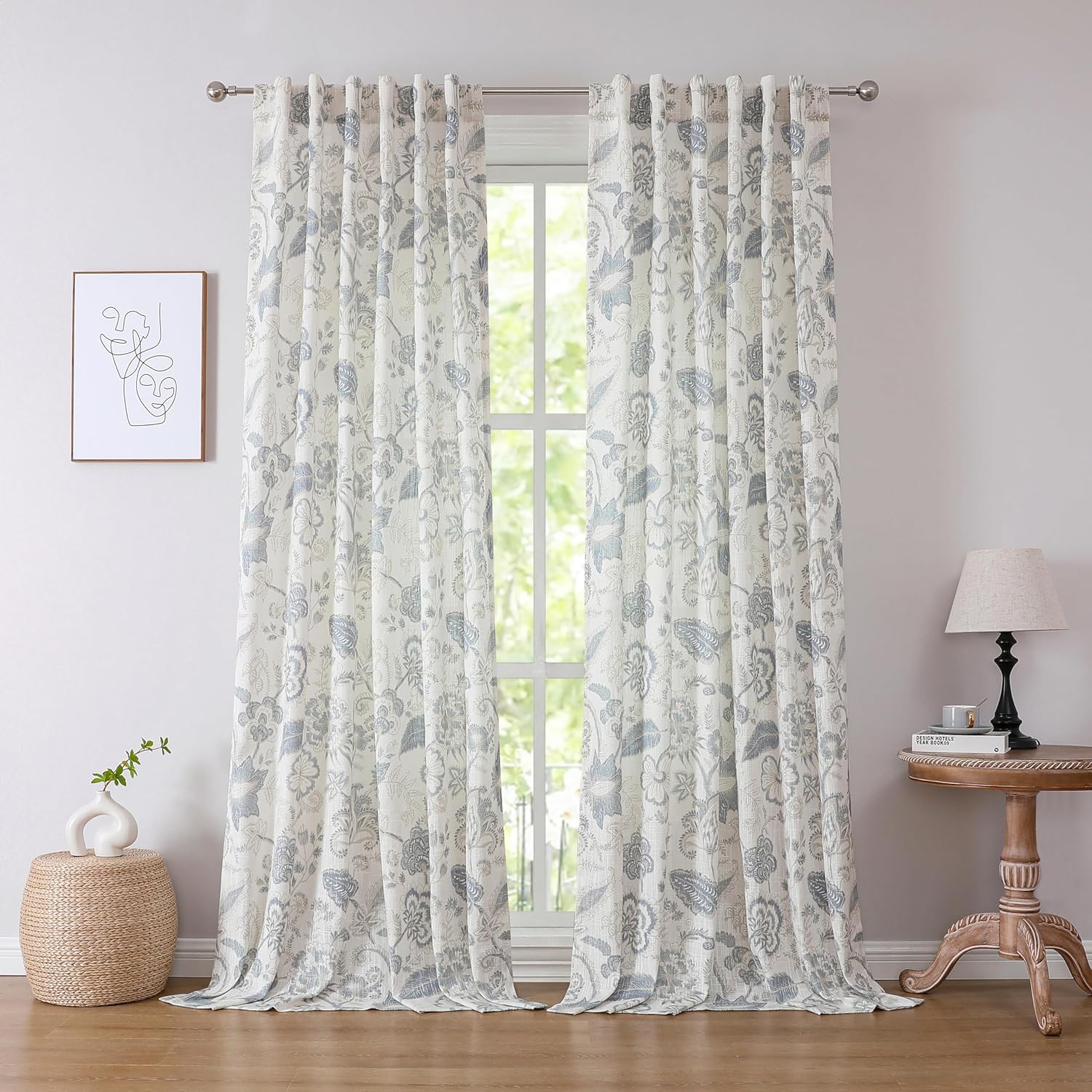 Kayne Studio Linen Textured Botanical Semi Sheer Curtains, Blue Grey Floral Farmhouse Curtains for Living Room Bedroom, Light Filtering Jacobean Curtain Panels, Rod Pocket Back Tab,52"x95",2 Panels