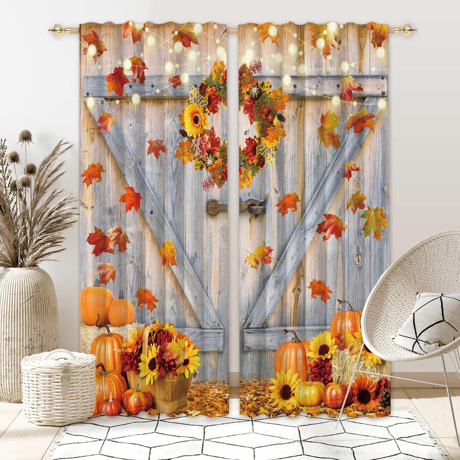 82" Wx 84" L Fall Thanksgiving Curtain Autumn Rustic Barn Wooden Door Pumpkin Window Curtains for Home Bedroom Living Room Decor Decorations with Fabric Machine Washable