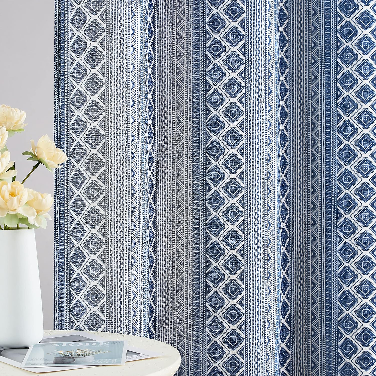 Fragrantex Semi Sheer Curtains 84 Inch Length for Living Room, Blue Geometric Boho Curtains for Bedroom 2 Panels Set Soft Linen Textured Print Curtains Grommet Semi Sheer, 50”W x 84”L x2