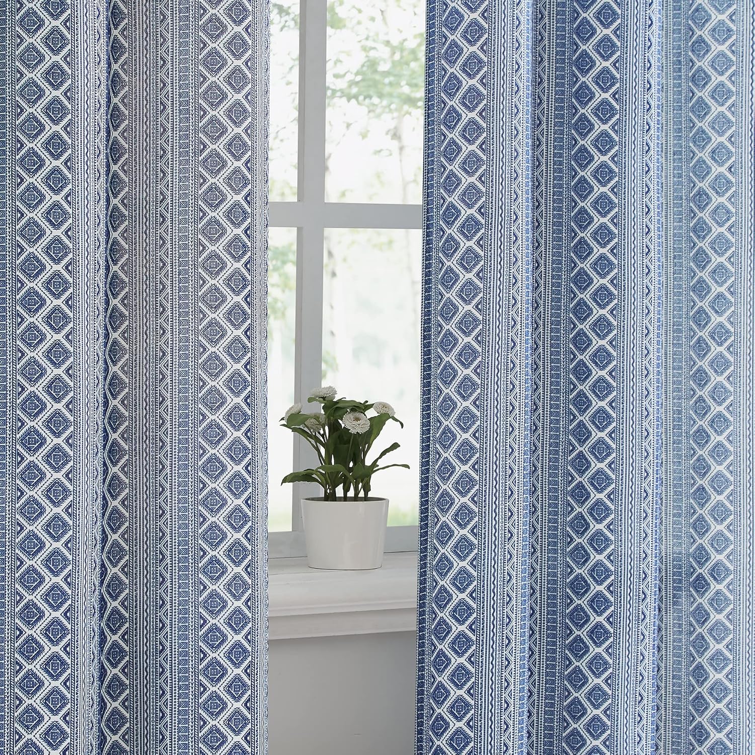 Fragrantex Semi Sheer Curtains 84 Inch Length for Living Room, Blue Geometric Boho Curtains for Bedroom 2 Panels Set Soft Linen Textured Print Curtains Grommet Semi Sheer, 50”W x 84”L x2