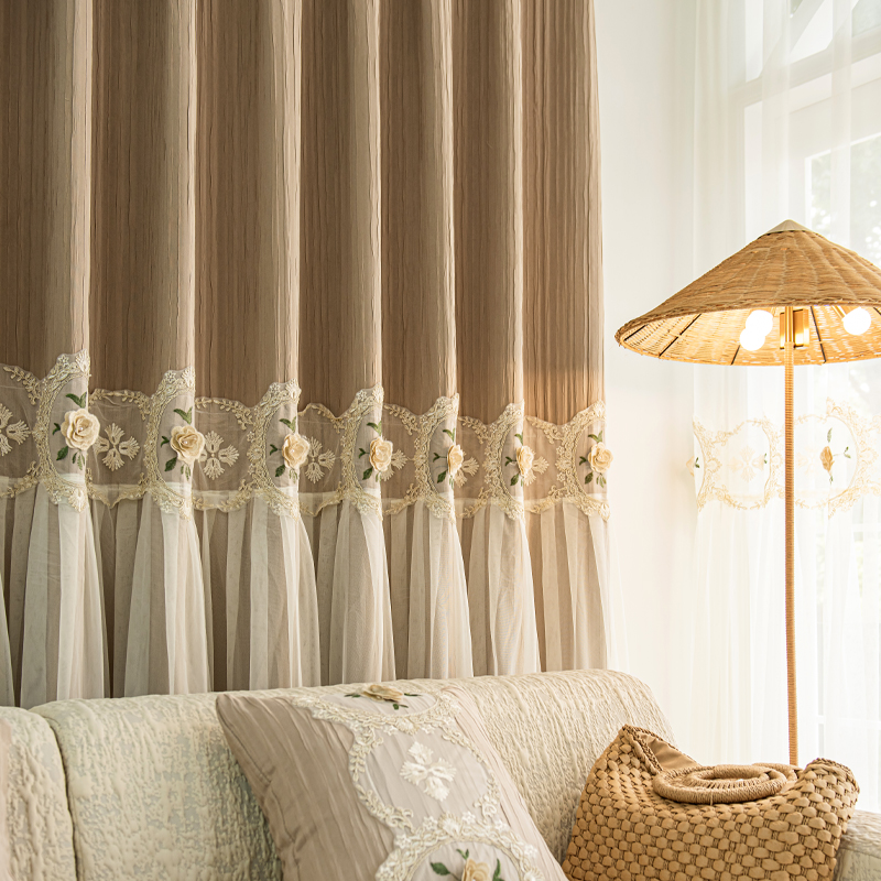 1 piece of milk tea colored perforated curtain, French lace double-layer curtain for shading, internet famous new bedroom romantic insf living room light luxury embroidered fabric and yarn integrated
