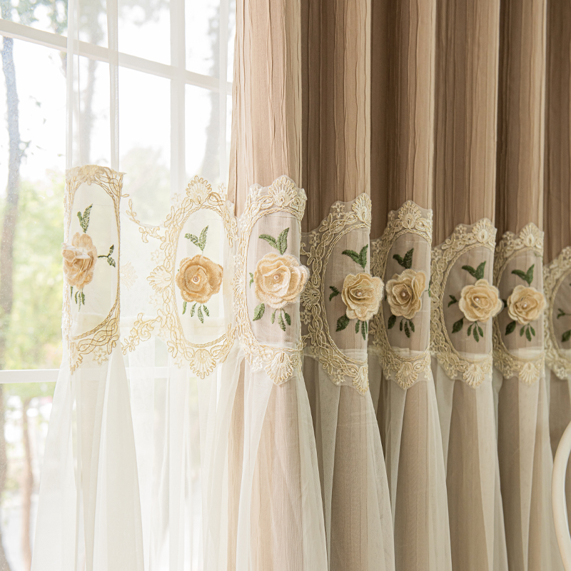 1 piece of milk tea colored perforated curtain, French lace double-layer curtain for shading, internet famous new bedroom romantic insf living room light luxury embroidered fabric and yarn integrated