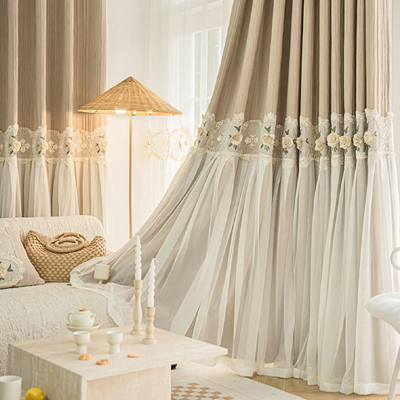 1 piece of milk tea colored perforated curtain, French lace double-layer curtain for shading, internet famous new bedroom romantic insf living room light luxury embroidered fabric and yarn integrated
