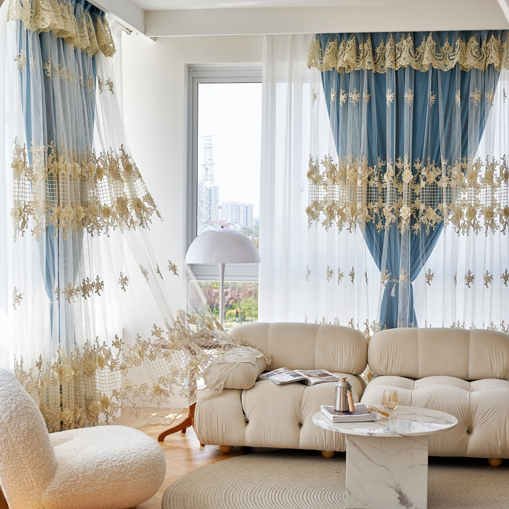 1 piece of Nordic style blue fabric double layered curtain, polyester fiber perforated blackout curtain, suitable for windows in various room types such as living rooms and bedrooms