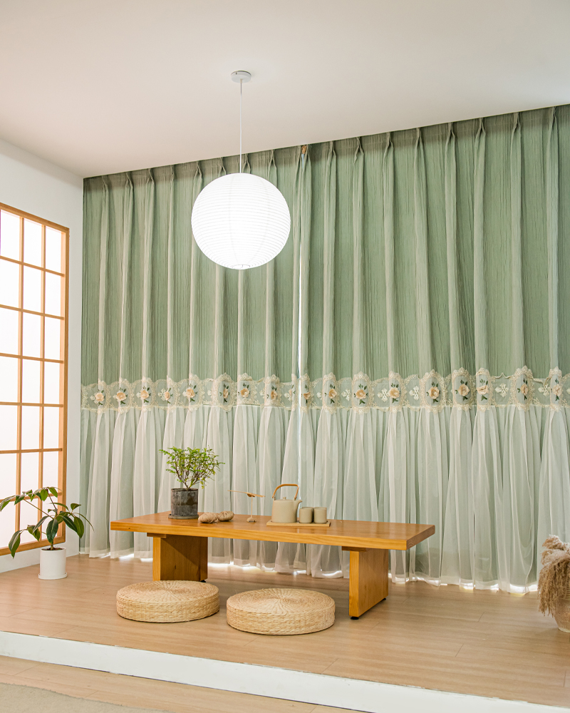 1 perforated French green rustic retro curtain, fabric and yarn integrated relief embroidery flower, suitable for various room types such as bedrooms and balconies