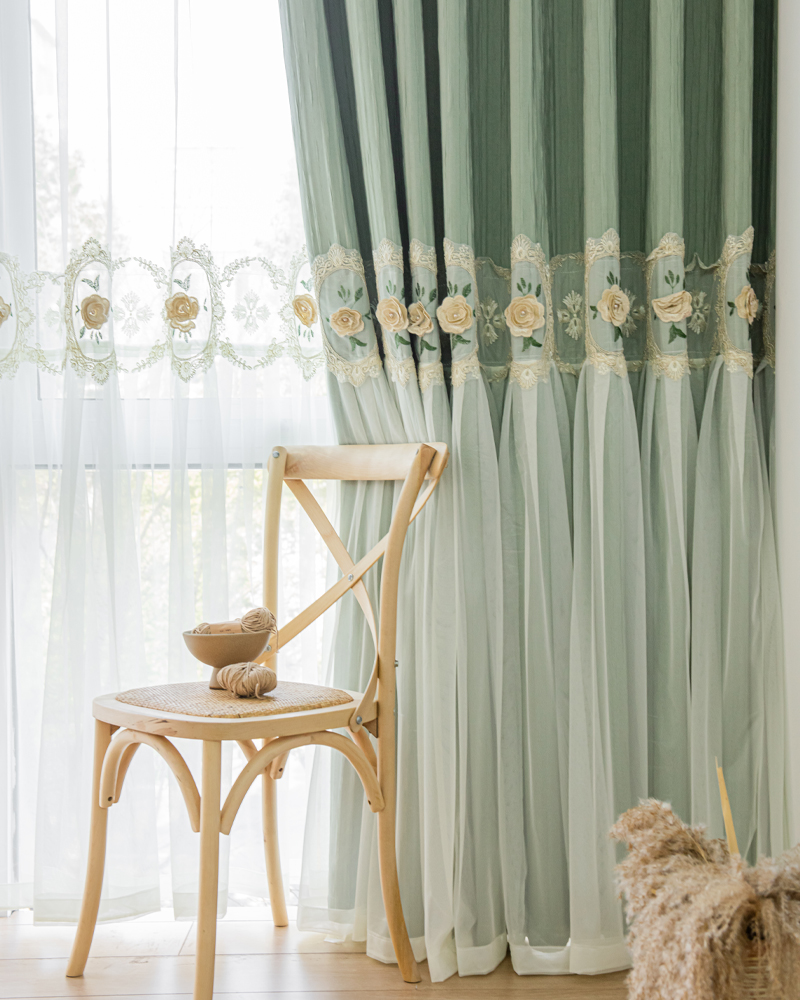 1 perforated French green rustic retro curtain, fabric and yarn integrated relief embroidery flower, suitable for various room types such as bedrooms and balconies