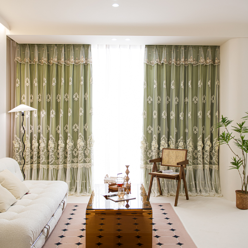 1 piece of French green new double-layer curtains, light and luxurious relief lace yarn, suitable for living rooms, bedrooms and other room types