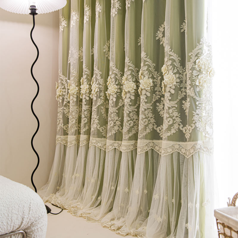 1 piece of French green new double-layer curtains, light and luxurious relief lace yarn, suitable for living rooms, bedrooms and other room types