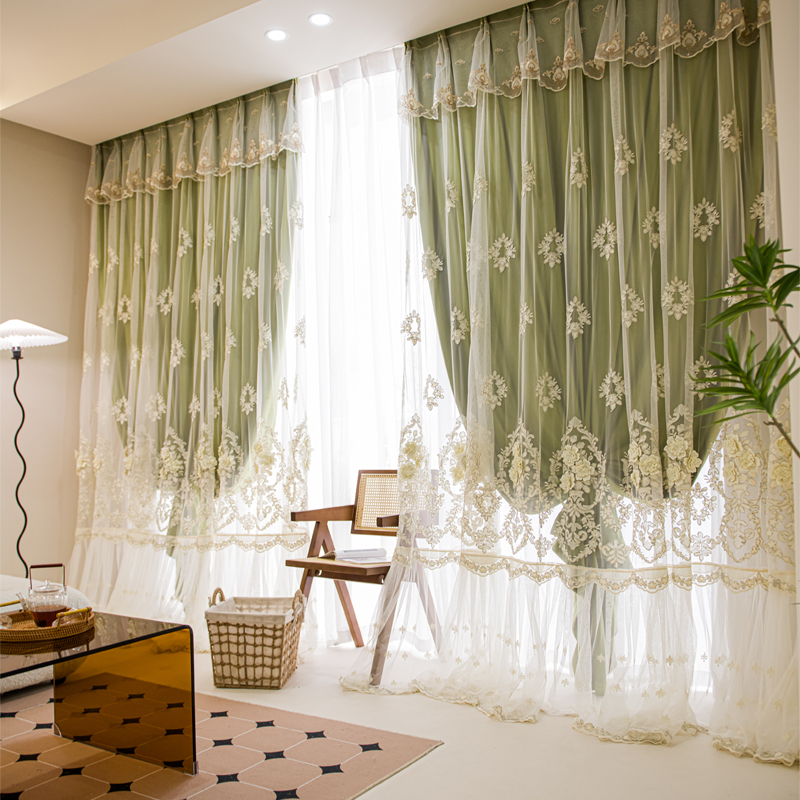 1 piece of French green new double-layer curtains, light and luxurious relief lace yarn, suitable for living rooms, bedrooms and other room types