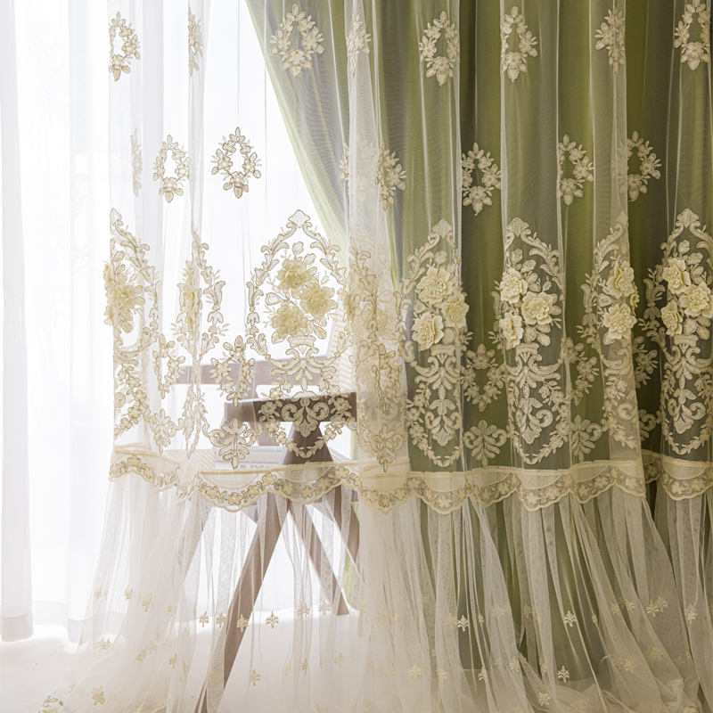 1 piece of French green new double-layer curtains, light and luxurious relief lace yarn, suitable for living rooms, bedrooms and other room types