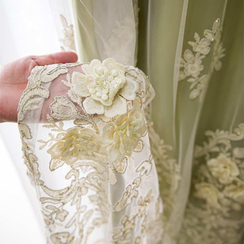 1 piece of French green new double-layer curtains, light and luxurious relief lace yarn, suitable for living rooms, bedrooms and other room types