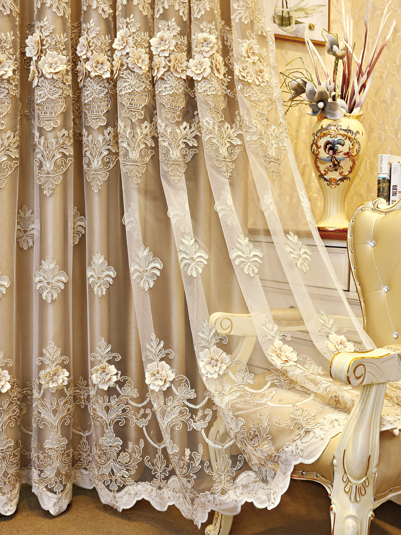 1 piece of European gold high-end relief embroidered window screen, finished fabric and screen integrated, simple living room, bedroom, double-layer blackout curtain