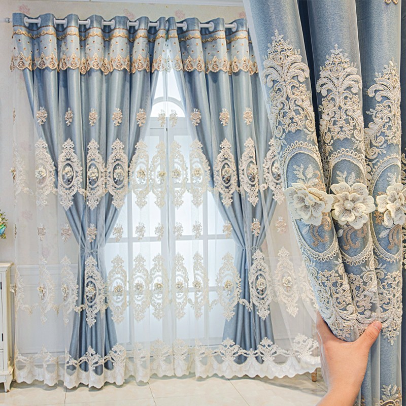 1 piece of European double-layer thick blue curtain, new high-end shading product, living room, bedroom, embossed embroidery