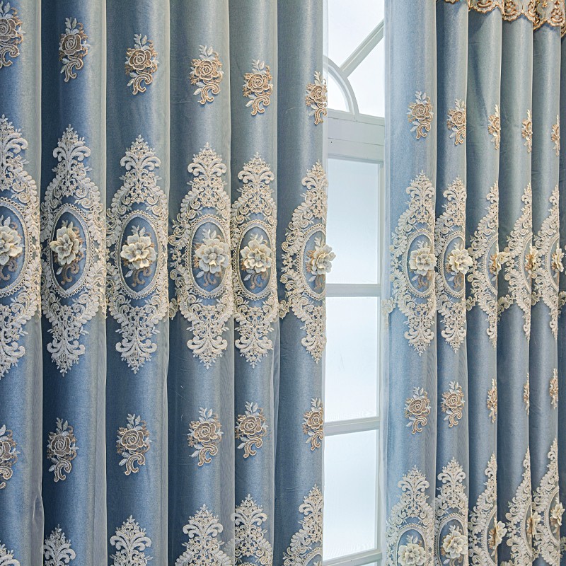 1 piece of European double-layer thick blue curtain, new high-end shading product, living room, bedroom, embossed embroidery