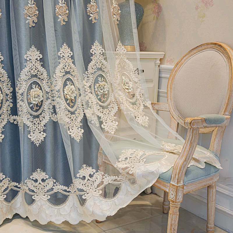 1 piece of European double-layer thick blue curtain, new high-end shading product, living room, bedroom, embossed embroidery