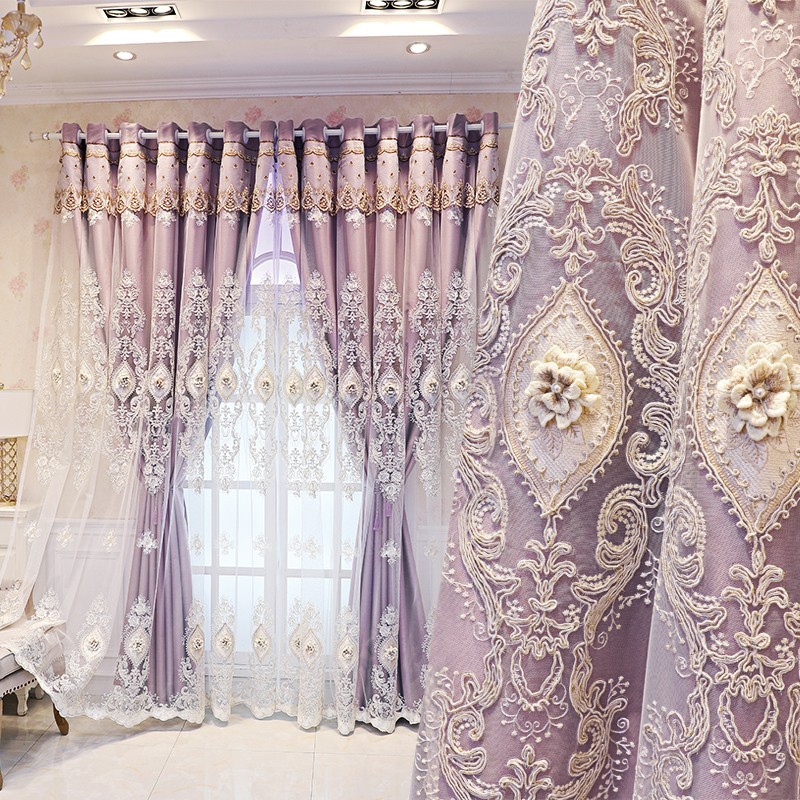 1 piece of European double-layer thick purple curtain for shading, high-end fabric and yarn integrated product, living room, bedroom customized relief embroidery