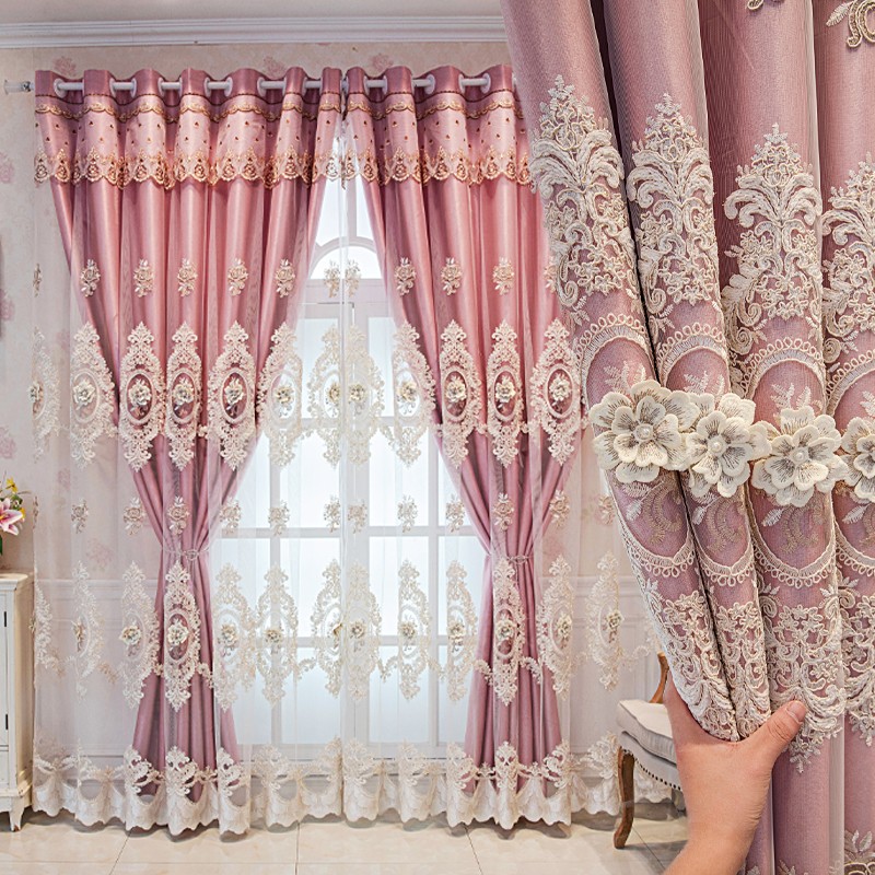 1 piece of European double-layer thick pink curtain, new high-end shading product, living room, bedroom, embossed embroidery