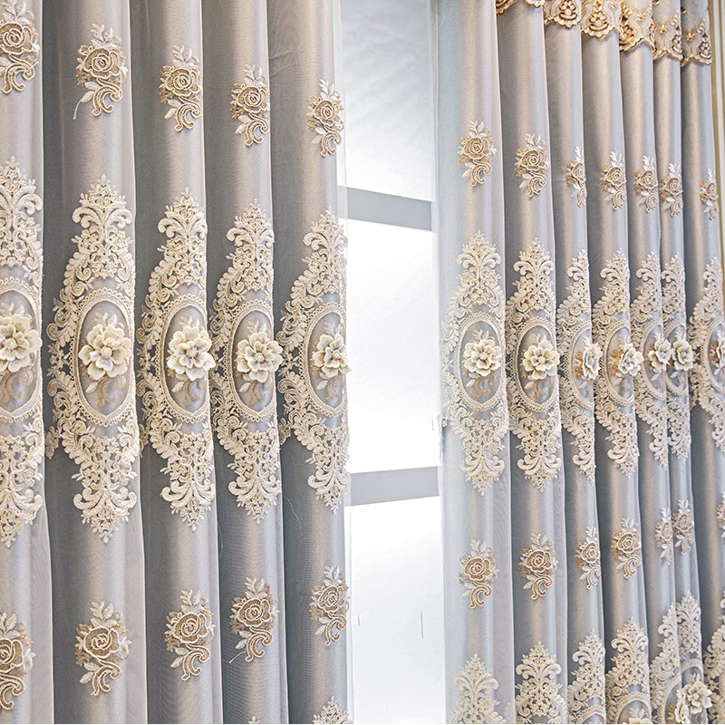1 piece of fabric double layered curtain, European style light luxury new blackout double layered gray curtain finished living room high-end feeling bedroom relief curtain window screen