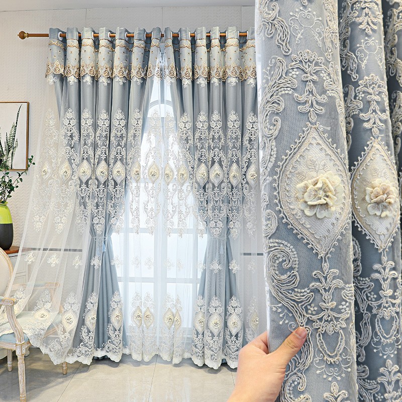 1 piece of blue European style fabric double layered curtain, new high blackout curtain with relief embroidery technology, suitable for various room types such as bedrooms and balconies