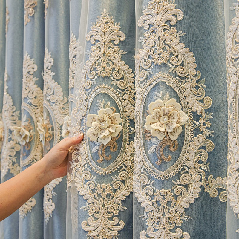 1 piece of European double-layer thick blue curtain, new high-end shading product, living room, bedroom, embossed embroidery