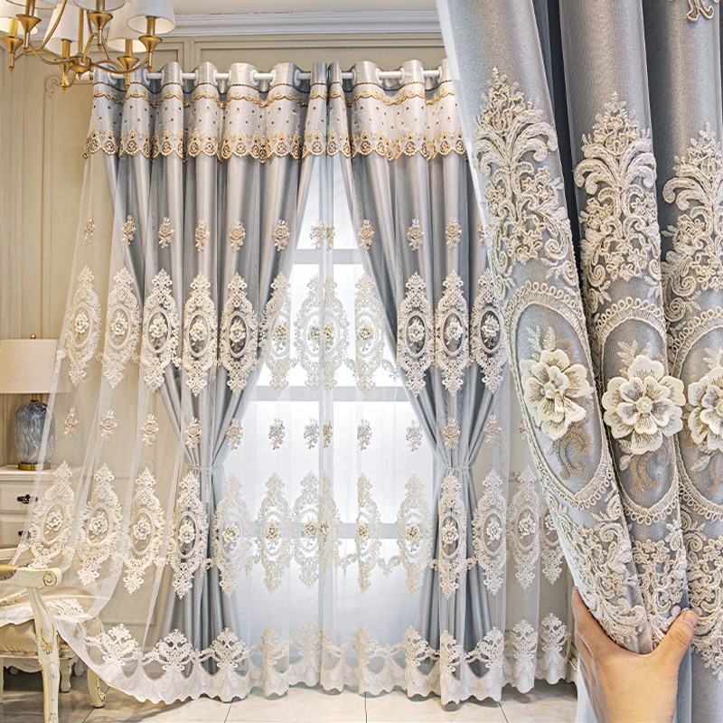 1 piece of fabric double layered curtain, European style light luxury new blackout double layered gray curtain finished living room high-end feeling bedroom relief curtain window screen