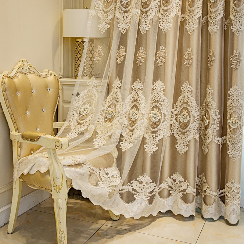 1 gold European style fabric double layered blackout curtain, classic relief embroidery, suitable for bedroom, living room and other room types