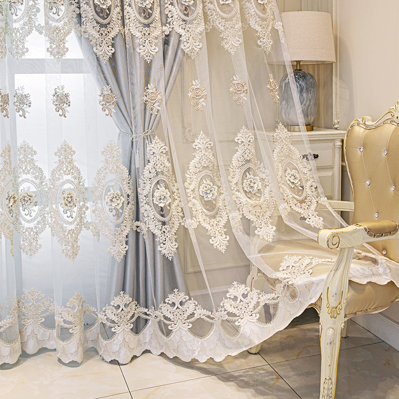 1 piece of fabric double layered curtain, European style light luxury new blackout double layered gray curtain finished living room high-end feeling bedroom relief curtain window screen