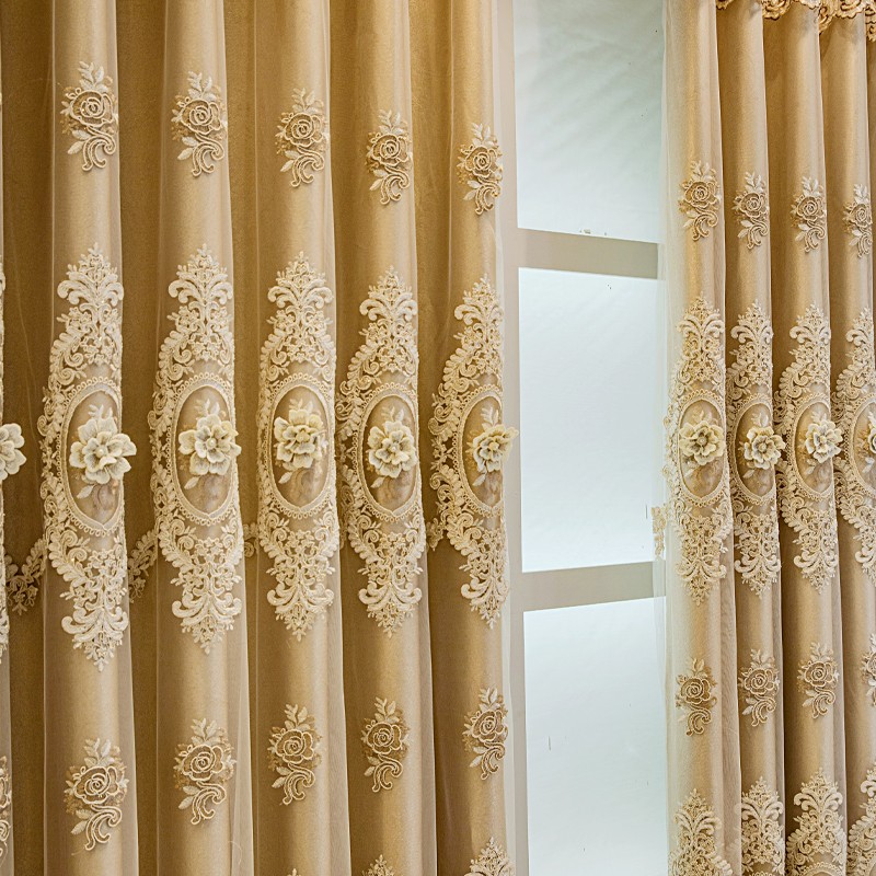 1 gold European style fabric double layered blackout curtain, classic relief embroidery, suitable for bedroom, living room and other room types