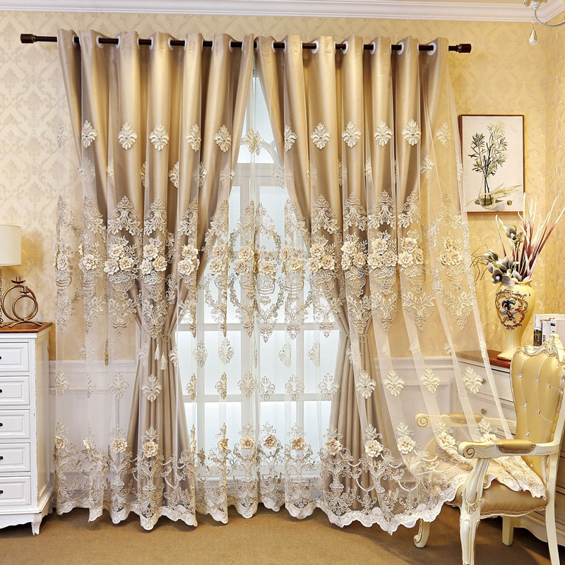 1 piece of European gold high-end relief embroidered window screen, finished fabric and screen integrated, simple living room, bedroom, double-layer blackout curtain