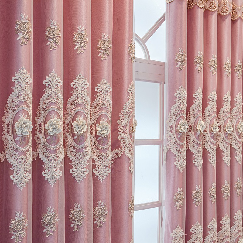 1 piece of European double-layer thick pink curtain, new high-end shading product, living room, bedroom, embossed embroidery
