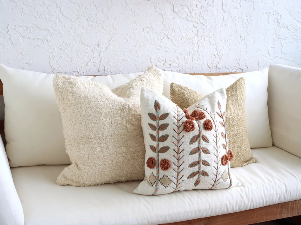Floral Textured Boho Pillow Set, Sofa Pillows, Tan 18x18 textured, Fluffy 20x20 Throw Wool 