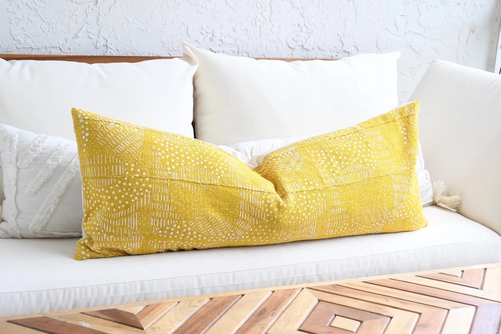 Long Mustard Lumbar Pillows, African Mud Cloth Throw Pillow Cover, Decorative Accent | Mudcloth Bolster