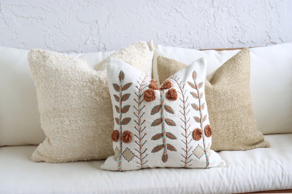 Floral Textured Boho Pillow Set, Sofa Pillows, Tan 18x18 textured, Fluffy 20x20 Throw Wool