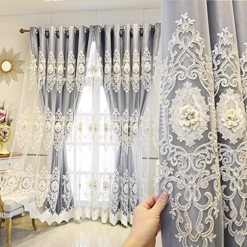1 piece of perforated European high-end simple fabric and yarn integrated blackout double-layer curtain, embossed embroidered fabric curtain finished for living room, bedroom