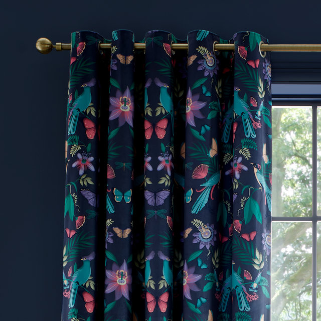 Catherine Lansfield Navy Blue Mya Tropical Floral Eyelet Ring Top Curtains Pair