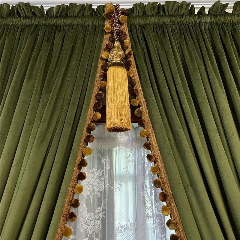 Gorgeous American retro olive green thick velvet cloth curtain tulle drape C1889