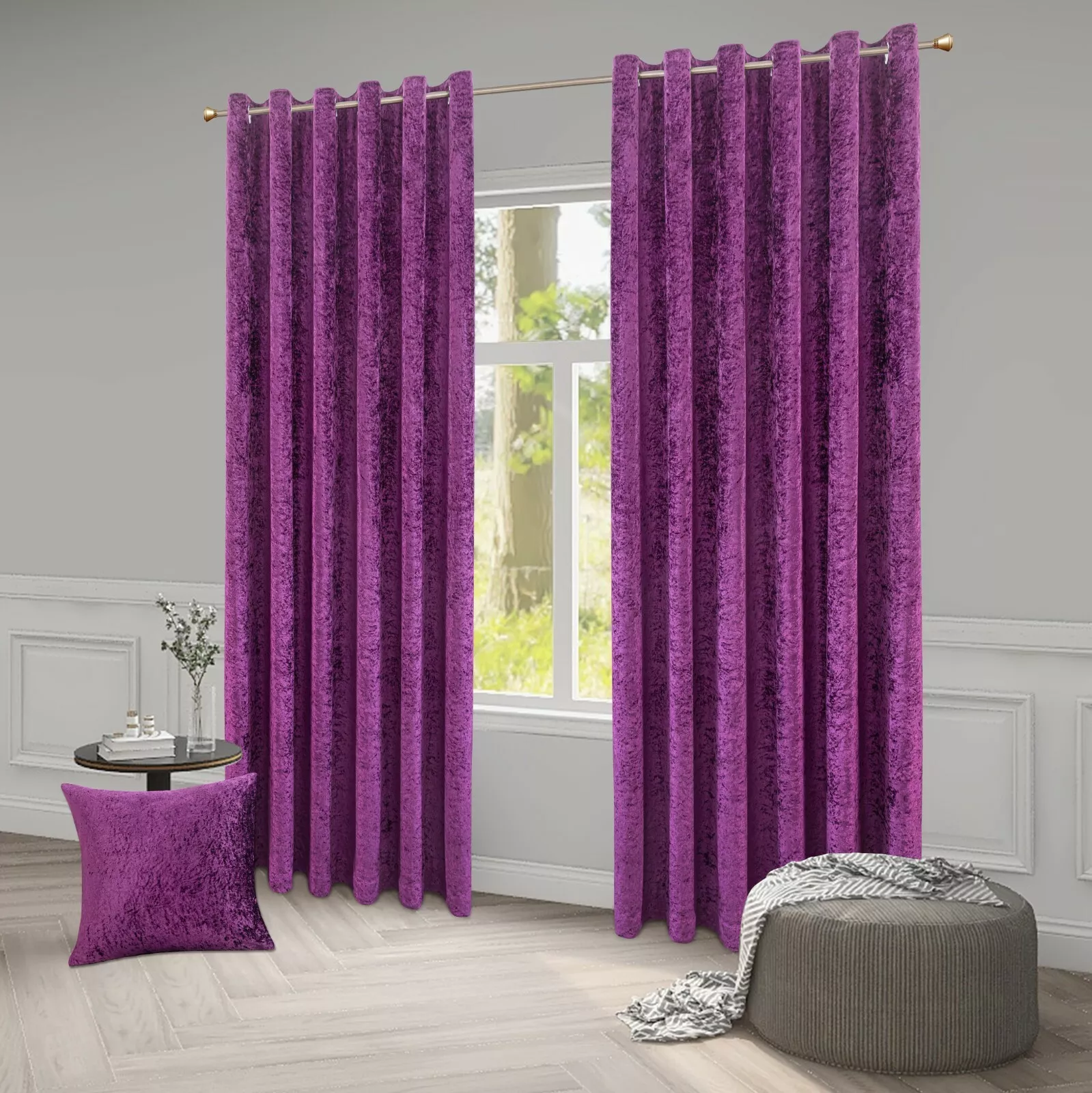ROOEE Luxury Crushed Velvet Curtains PAIR Fully Lined Eyelet Ring Top Ready Made