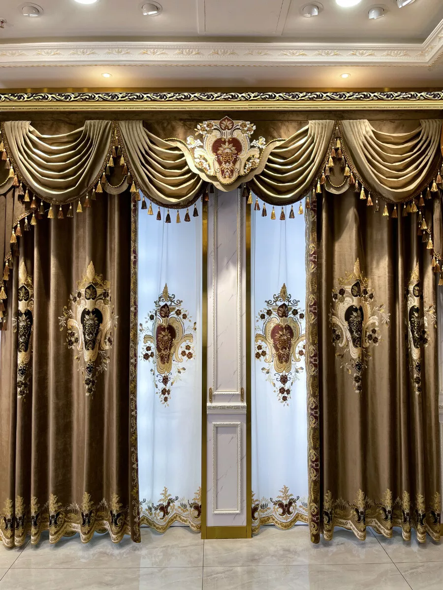 European gold French velvet embroidered thick window valance curtain tulle M1574