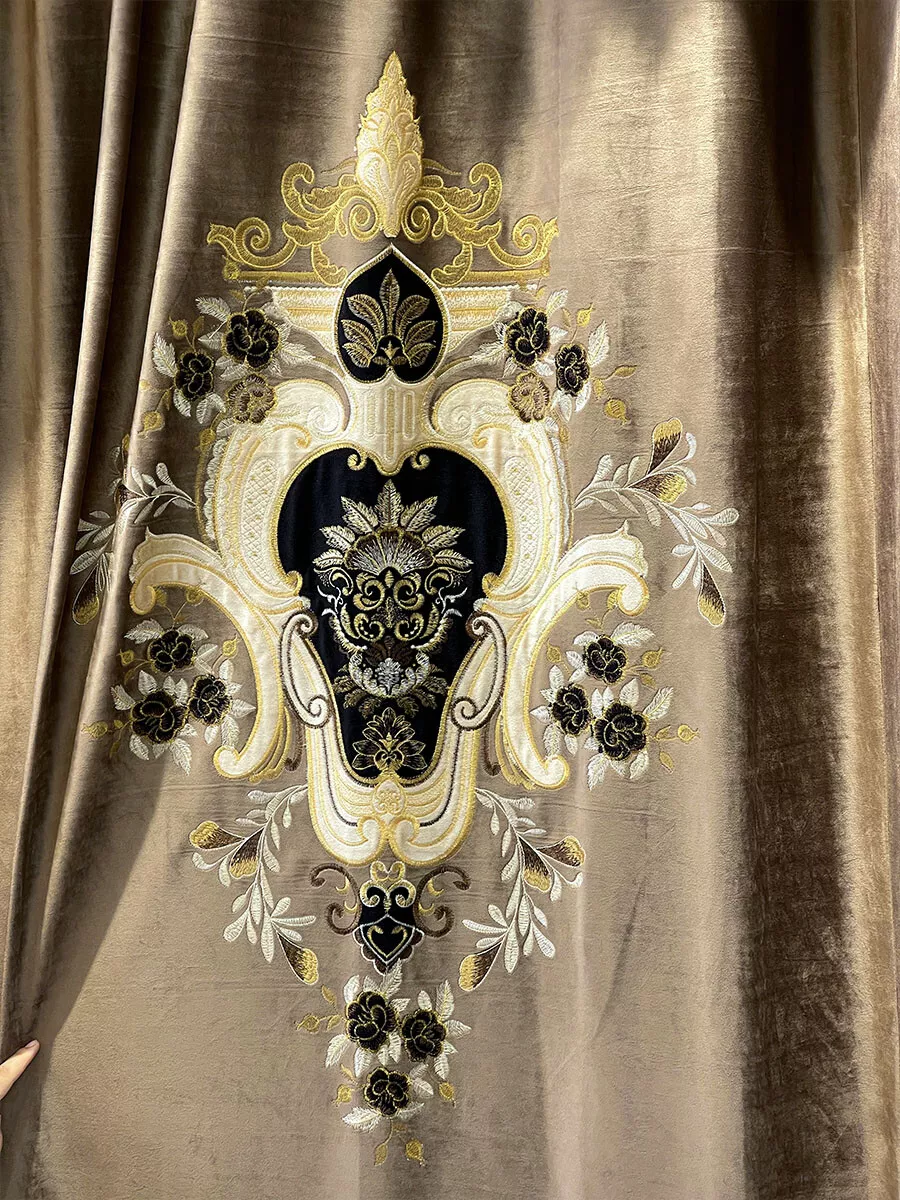 European gold French velvet embroidered thick window valance curtain tulle M1574